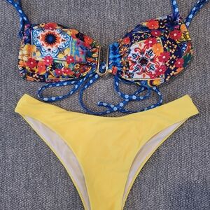 Floral Patchwork Bikini Set - Yellow and Multicolor